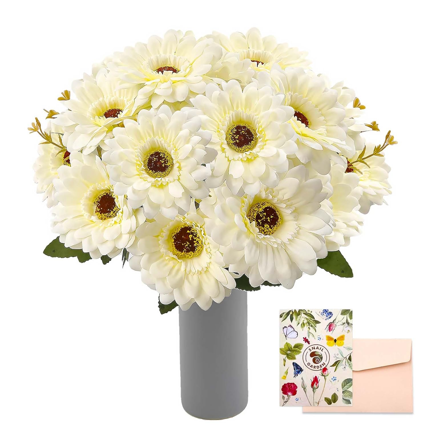 Artificial Gerbera Daisies Silk Flowers, 14 Heads White Daisy Artificial Flowers With Leaves, Fake Wild Flowers For Wedding, Party, Home Indoor Outdoor Decor