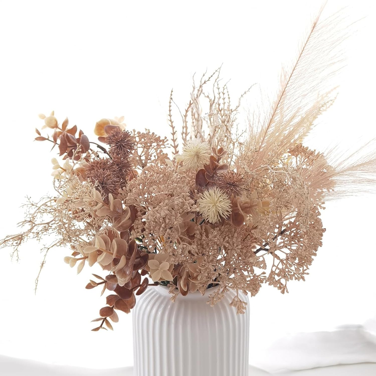 Artificial Fall Pampas Grass Flowers Bouquet Boho Home Decor Fake Floral Arrangement For Wedding Party Table Room Leaf Fall For Vases Centerpieces Autumn Harvest Festival (Beige-A)