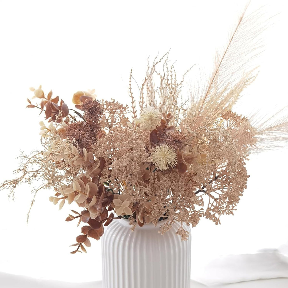 Artificial Fall Pampas Grass Flowers Bouquet Boho Home Decor Fake Floral Arrangement For Wedding Party Table Room Leaf Fall For Vases Centerpieces Autumn Harvest Festival (Beige-A)