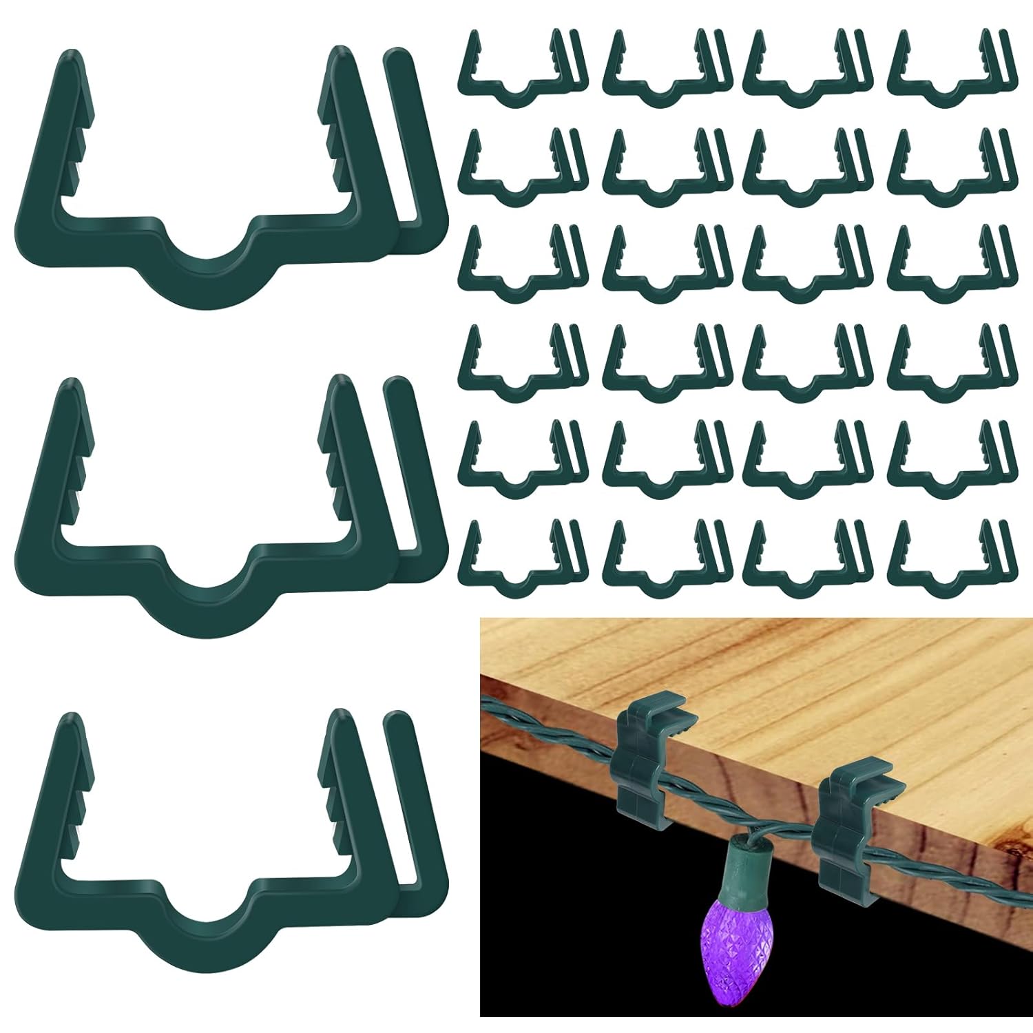 Christmas Light Hangers Clips 7/8 Inch Fascia Board Clips Hooks Holiday Deck Light Hooks For Christmas Decoration Roof Gutter Fence In Thickness From 3/4'' To 7/8", Green, 100 Pcs