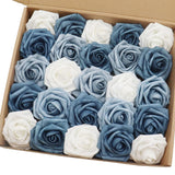 Artificial Flowers 25Pcs Real Looking White & Dusty Blue Shades Fake Roses With Stem For Diy Wedding Bouquets Centerpieces Baby Shower Party Home Decorations