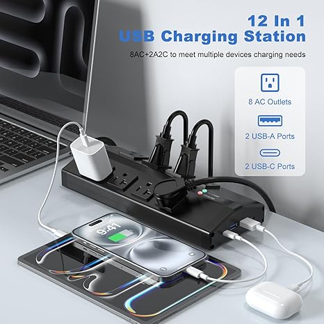 Heavy Duty 8 Outlet Power Strip with 4 USB Ports 6FT 20A Metal Surge Protector Extension Cord