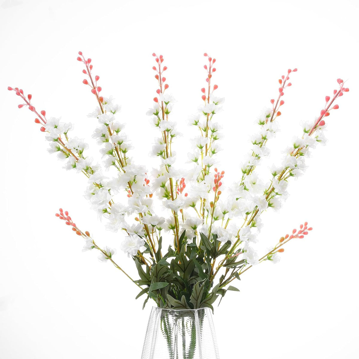 6Pcs White Delphinium Artificial Flowers, Long Stem Faux Larkspur Silk Flowers, 33.5" Bendable Fake Flowers Bouquets For Tall Vase Table Kitchen Home Offices Garden Wedding Decor