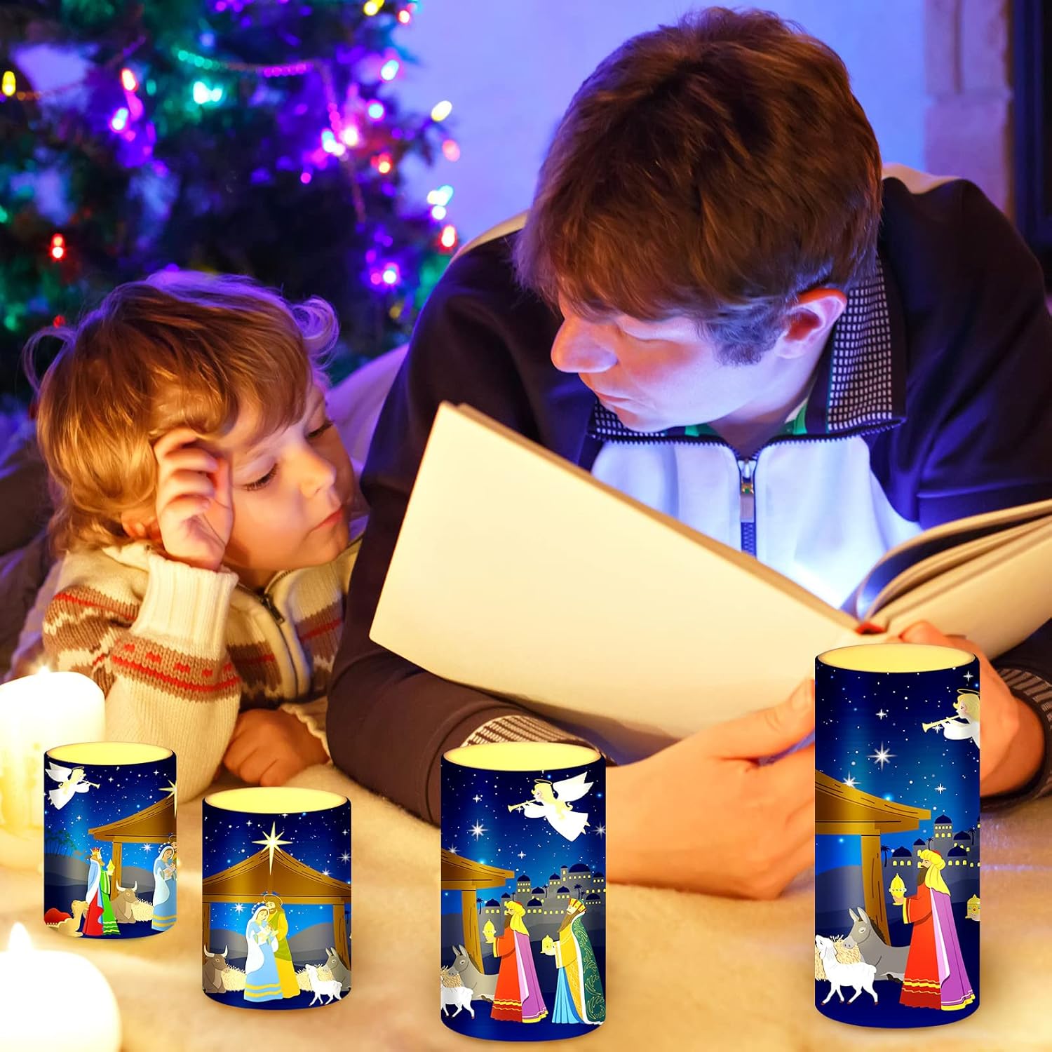 Christmas Nativity Scene Candles Led Religious Theme Flameless Candles Battery Operated Led Warm Light Flickering Pillar For Xmas Holiday Table Decorations(Vivid)