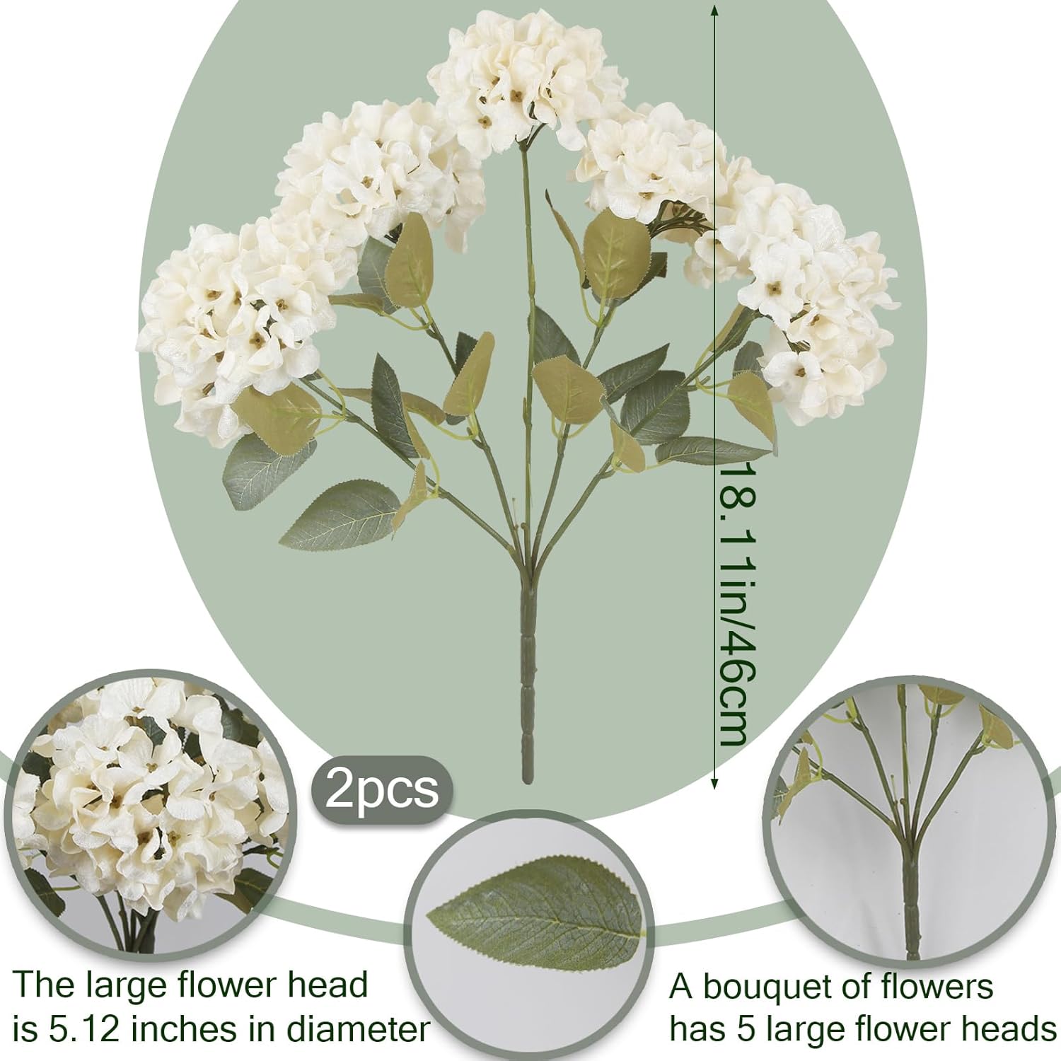 2 Pcs Hydrangea Artificial Flowers White Faux Hydrangeas Flower Outdoor Artificial Flowers Bouquets Silk Hydrangea Flowers Stems For Home Decor Party Floral Arrangements Wedding Centerpieces