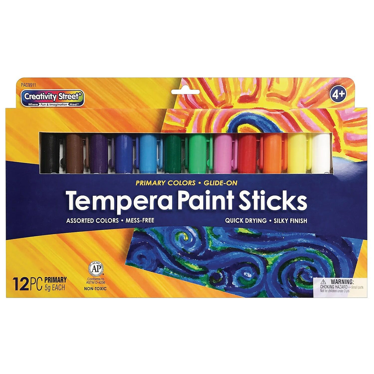 Creativity Street Glide-On Tempera Paint Sticks, 12 Assorted Primary Colors, 5 grams, 12 Count