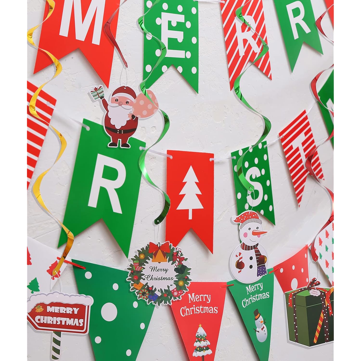 Merry Christmas Banner, Pennant Flags Garland & Hanging Swirls - Red Green, 10" X 4" - Christmas Party Decor