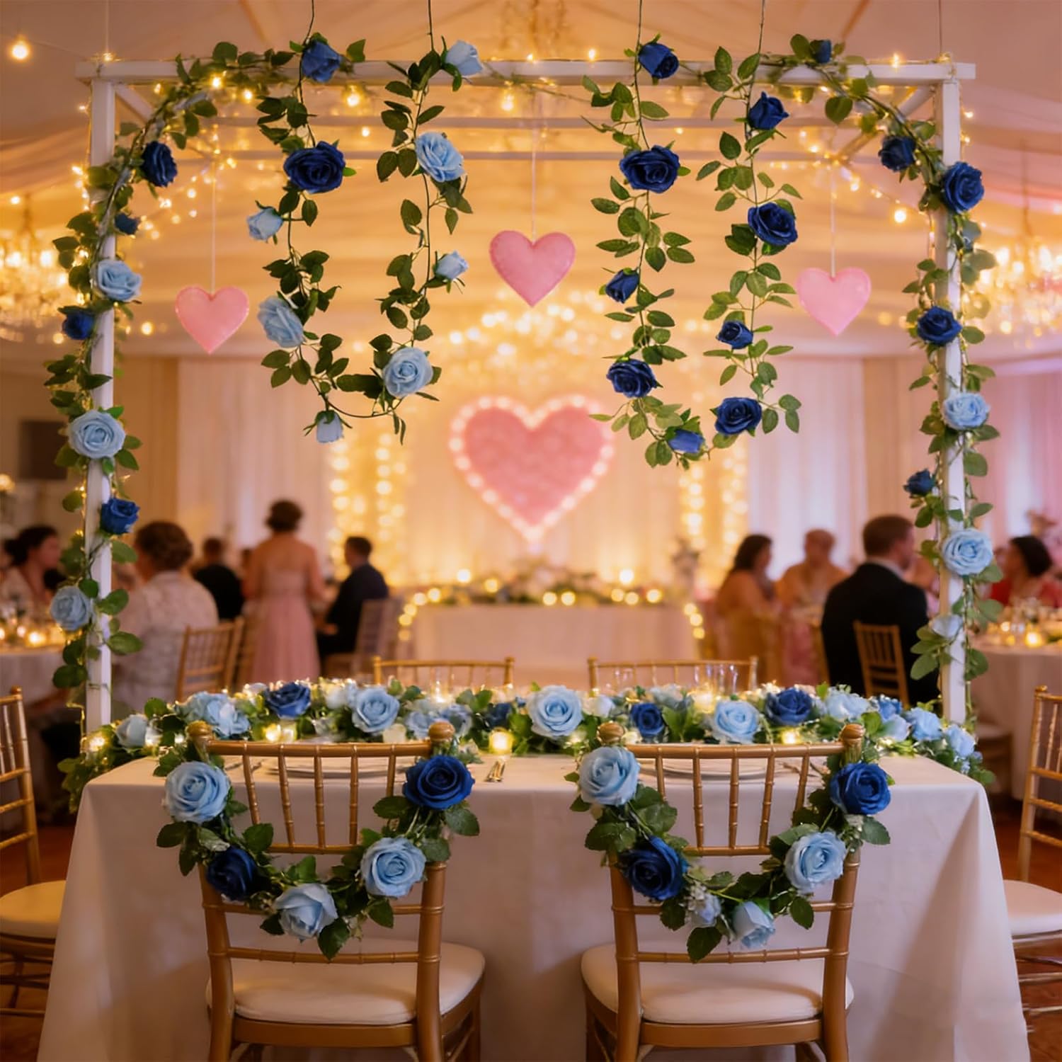 2 Pack Artificial Flower Garland 6.5 Ft Fake Rose Garland Vine Valentine'S Day Gifts For Wedding Arch Table Centerpiece Arrangement Room Wall Stairs Fireplace Decor (Royal Blue Light Blue)