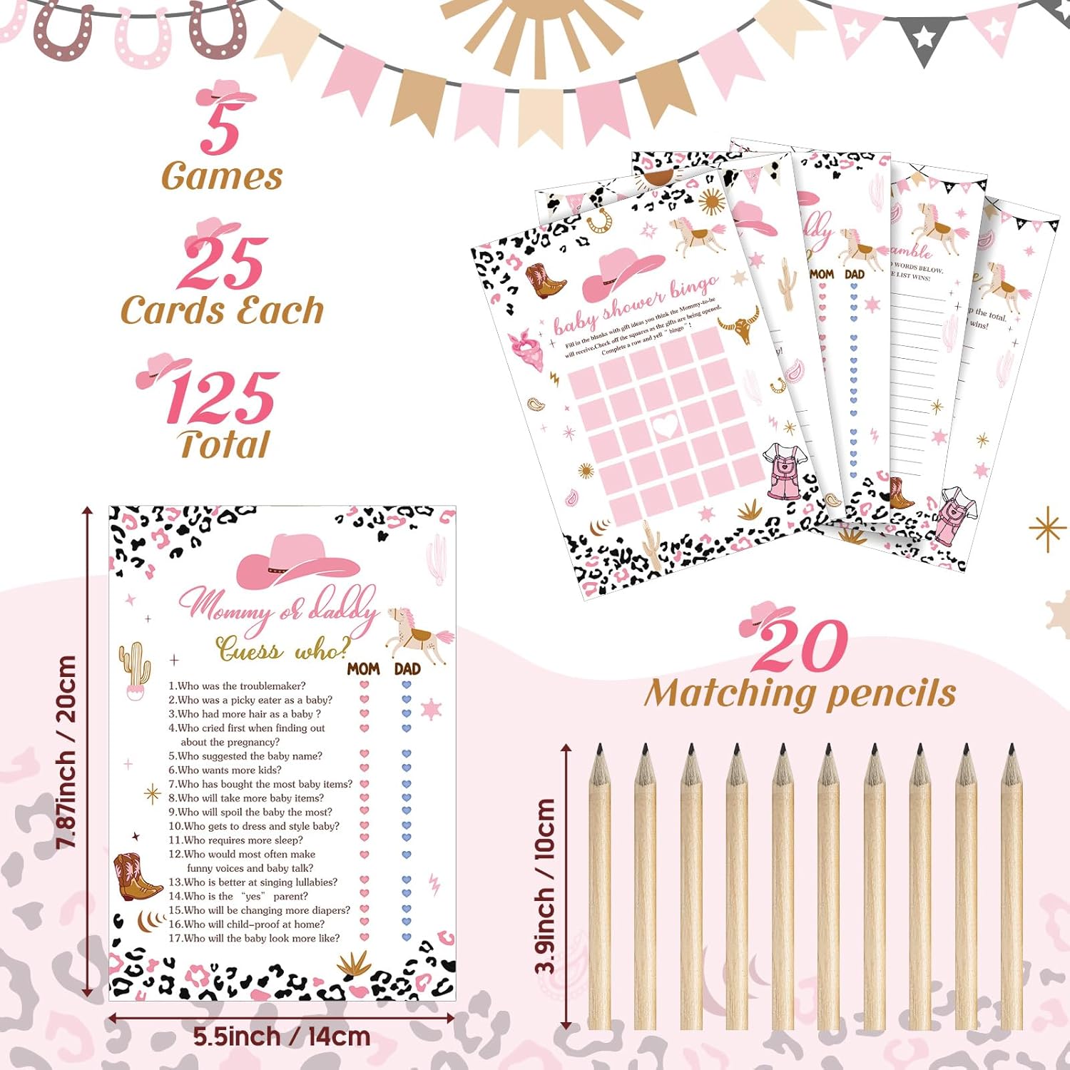 145 Pcs Baby Shower Games Supplies 5 Sets Game Activities Cards With 20 Pencils Include Baby Shower, Description And Well Wishes, Word Scramble(Cowgirl Style)