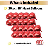 [20 Pcs] Red Balloons 18" A Bunch Of Heart Love Foil Helium Balloons, Helium Support Valentines Day Birthday Wedding Bridal Engagement Party Anniversary Mother'S Day Decorations