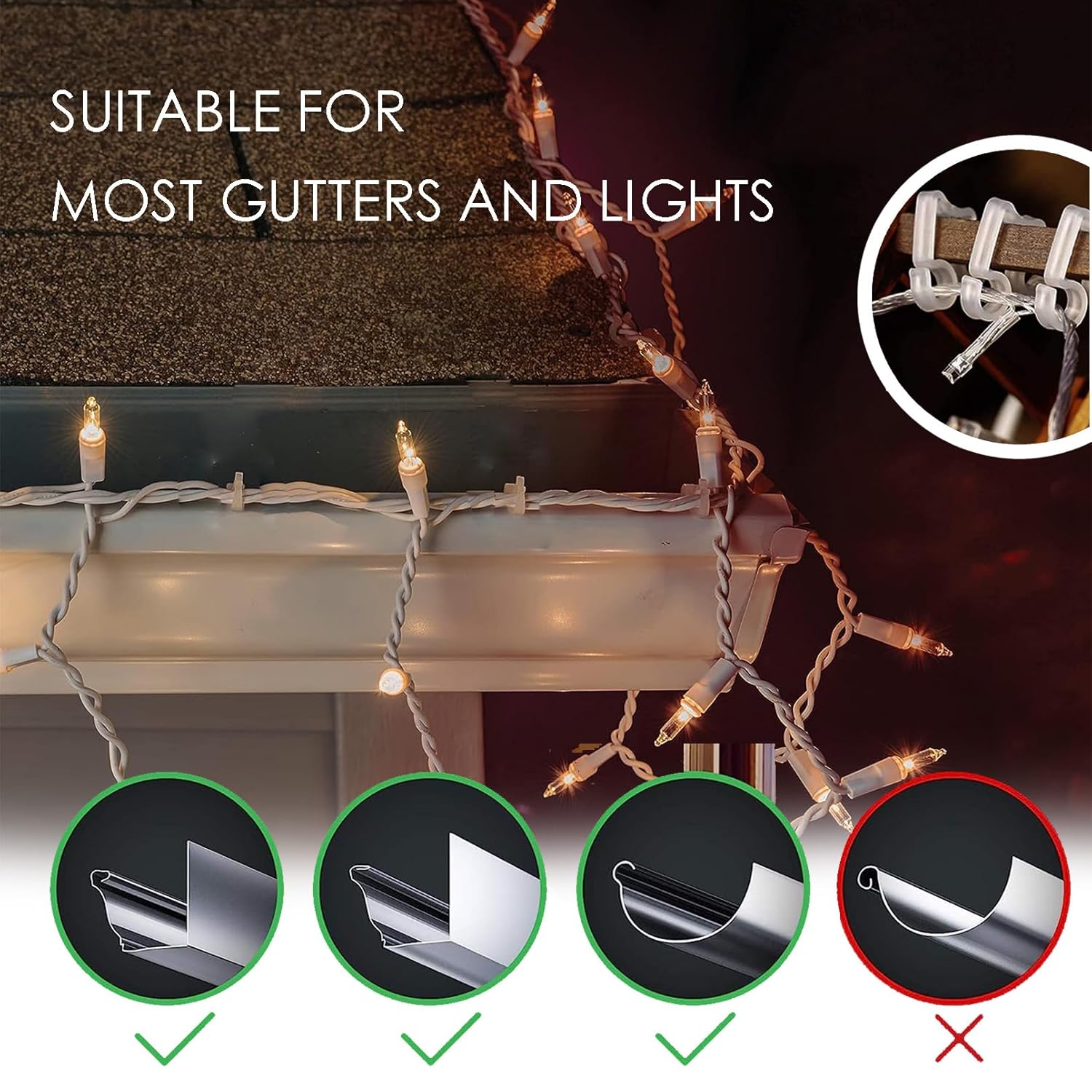 Holiday Light Clips 100 Pcs Sturdy Christmas Light Clips Light Hanger Hooks For Gutters, Strengthen Light Hooks For Holiday Party Light Strings Outdoor Hang Gutter Hooks For Halloween Xmas Decoration