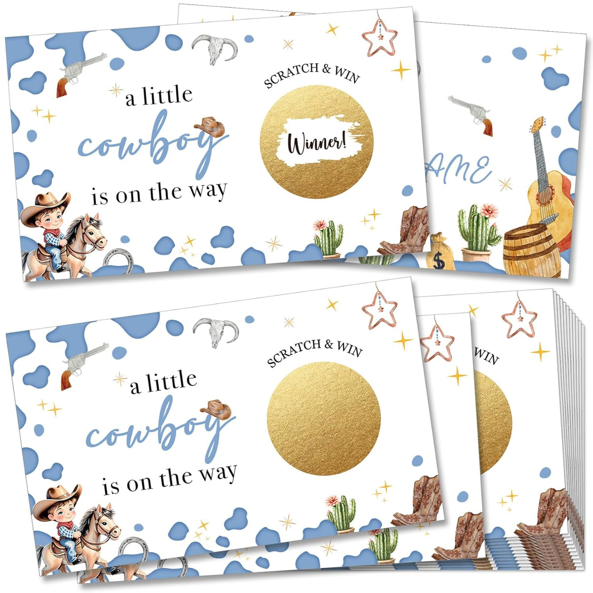 50 Pcs Baby Shower Scratch Off Cards Boy - Western Cowboy Theme, 'A Little Cowboy Is On The Way' Boy Baby Shower Game Tickets, Blue Gender Reveal Party Supplies -C2