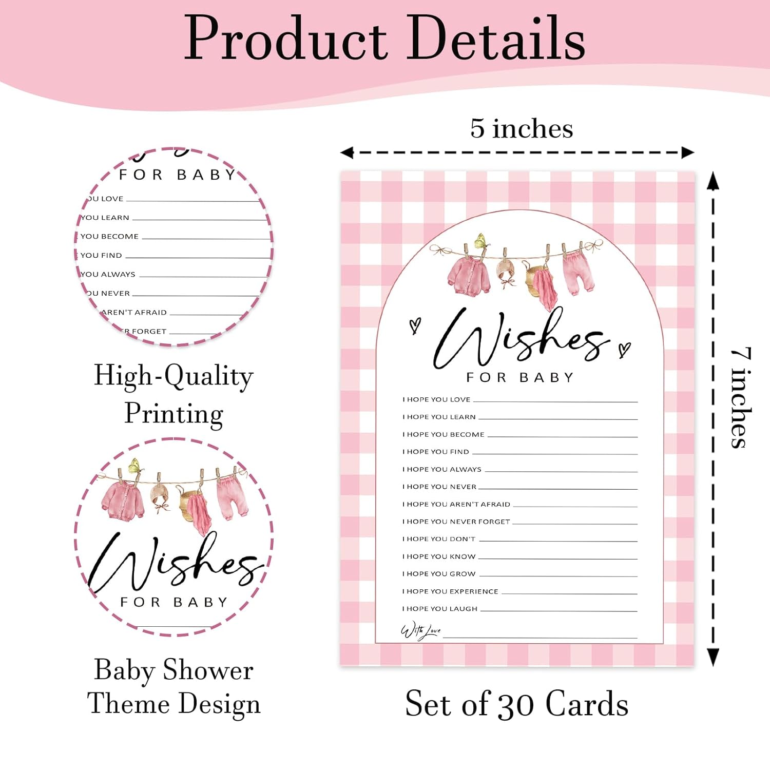 Wishes For Baby Baby Shower Game Cards, Keepsake Shower Activity Cards, 30 Count Pink Gingham Party Games For Mom To Be And Guests, Gender Reveal Party Games & Activity