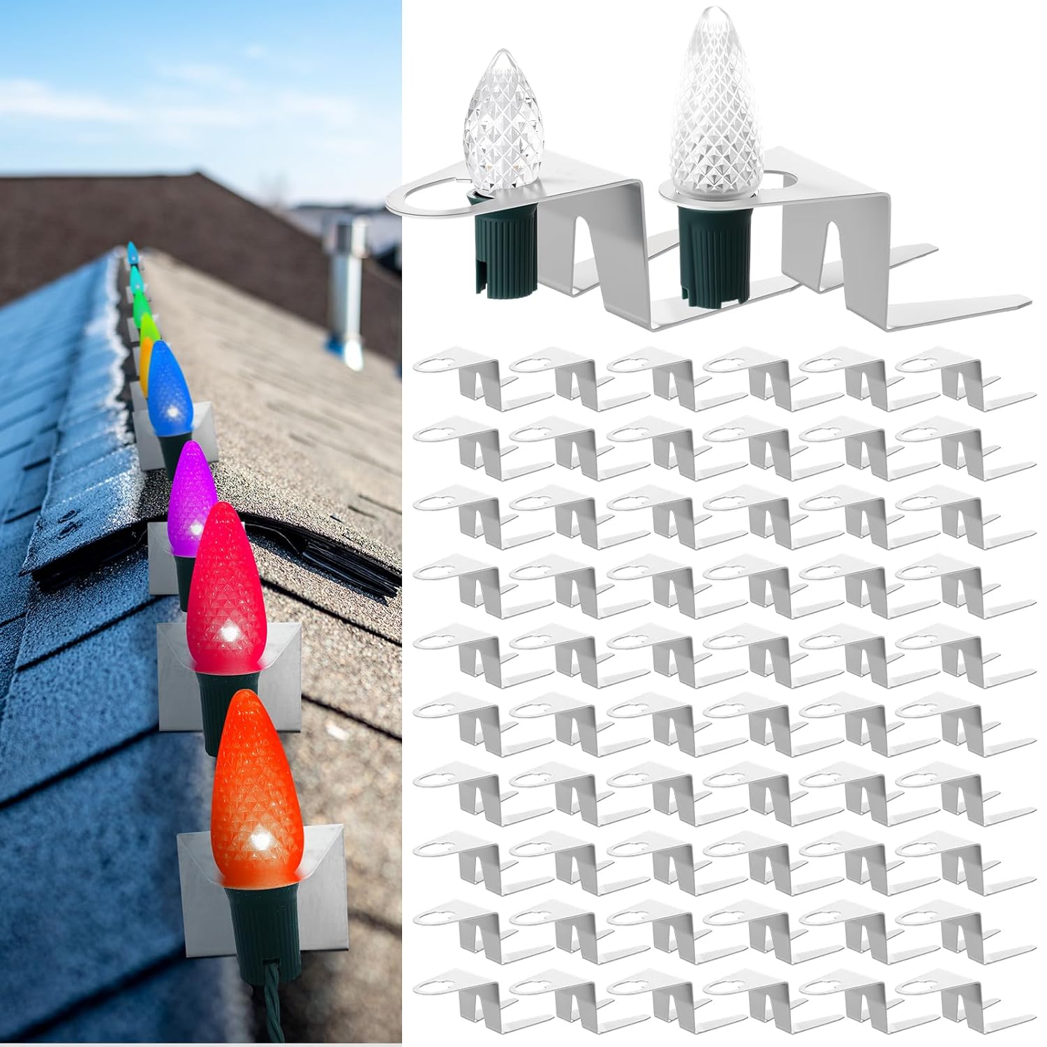 The 50 Pack Ridge Clips Christmas Light Clips For Upright Installing C7 C9 Bulbs Roof Row Light Hooks Aluminum Holiday Outdoor String Hook For Roof Gutter Strings Multi Functional Universal