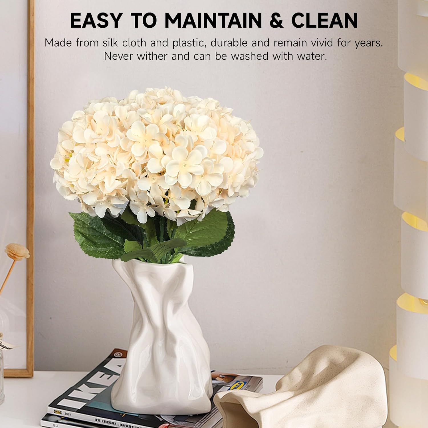 6 Pcs Artificial Hydrangea Flowers, Faux Silk Hydrangea With Long Stems, Home Wedding Decor, Table Centerpieces, Party Decorations(Champagne)