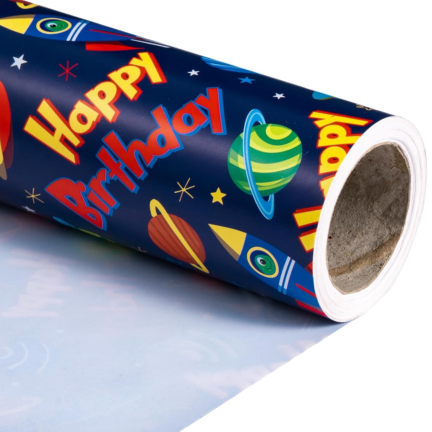 Space Birthday Wrapping Paper Roll - Mini Roll - 17 Inch X 33 Feet - Rocket And Happy Birthday Design, Perfect For Kids Girls Boys Bday, Space Lovers