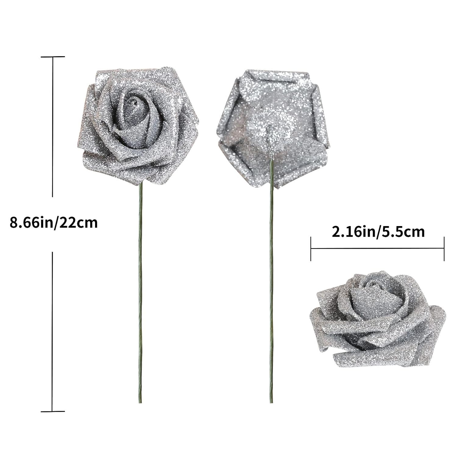 Artificial Flowers 30 Pcs Silver Glitter Foam Artificial Flowers With Stem, Glitter Roses Shiny Flowers For Diy Wedding Bouquets Party Home Decor(Silver)