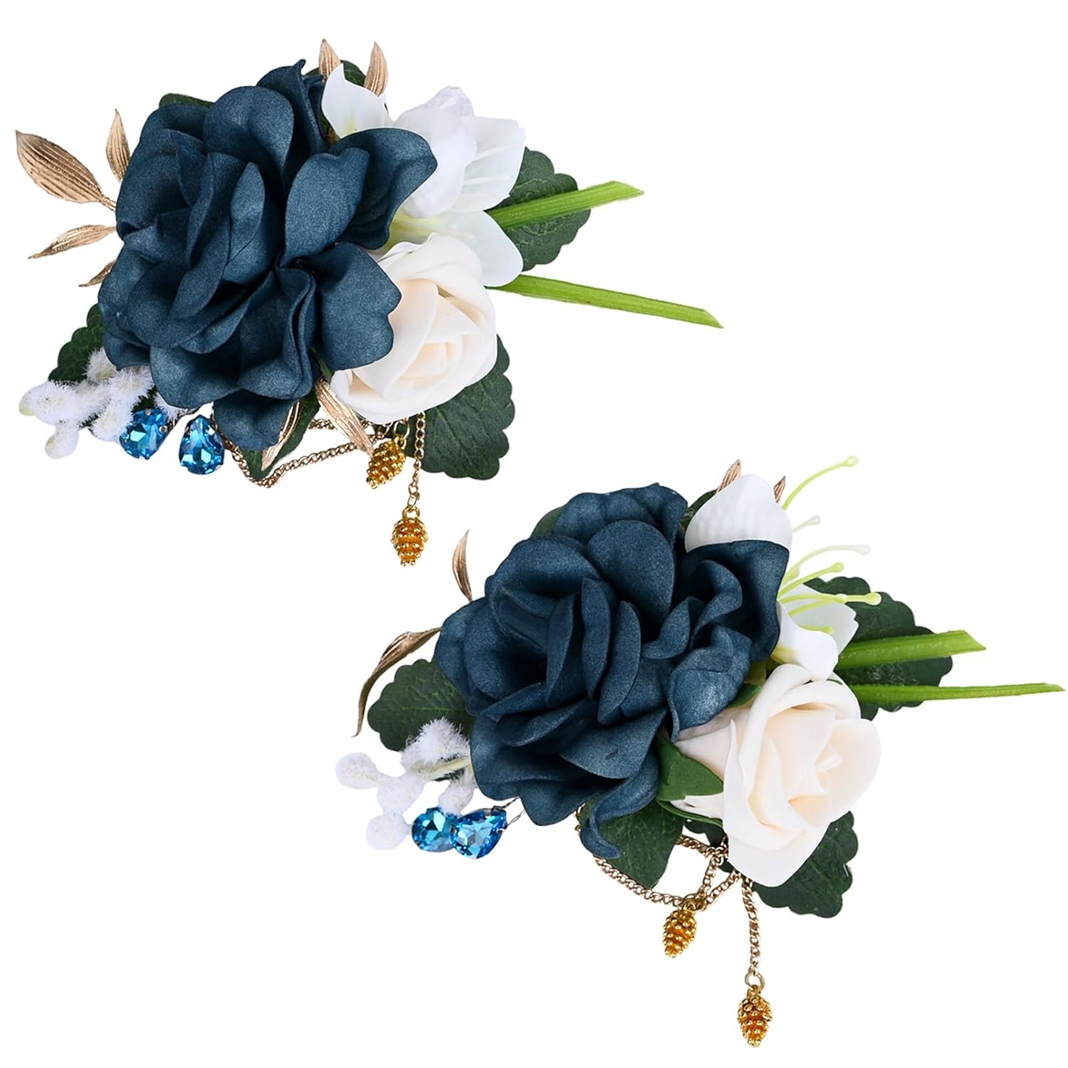 2 Pieces Artificial Flowers Corsage And Boutonniere Set For Wedding Prom Party Celebration Business Event Suit Decorations-Blue (W4-B1-Zzh)