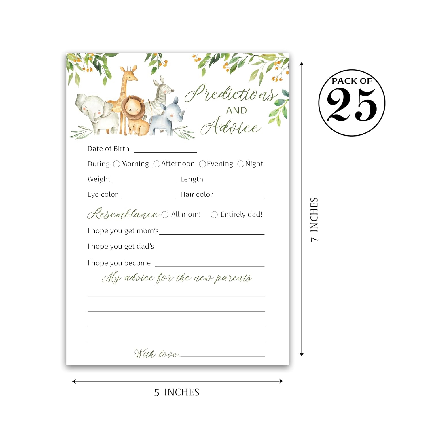 Safari Animals Prediction And Advice Cards - Pack Of 25 - Country Rustic Jungle Theme Baby Shower Games, Wishes For New Parents Mom & Dad To Be Mommy & Daddy Message Shower Activity Keepsake G550-Pdav