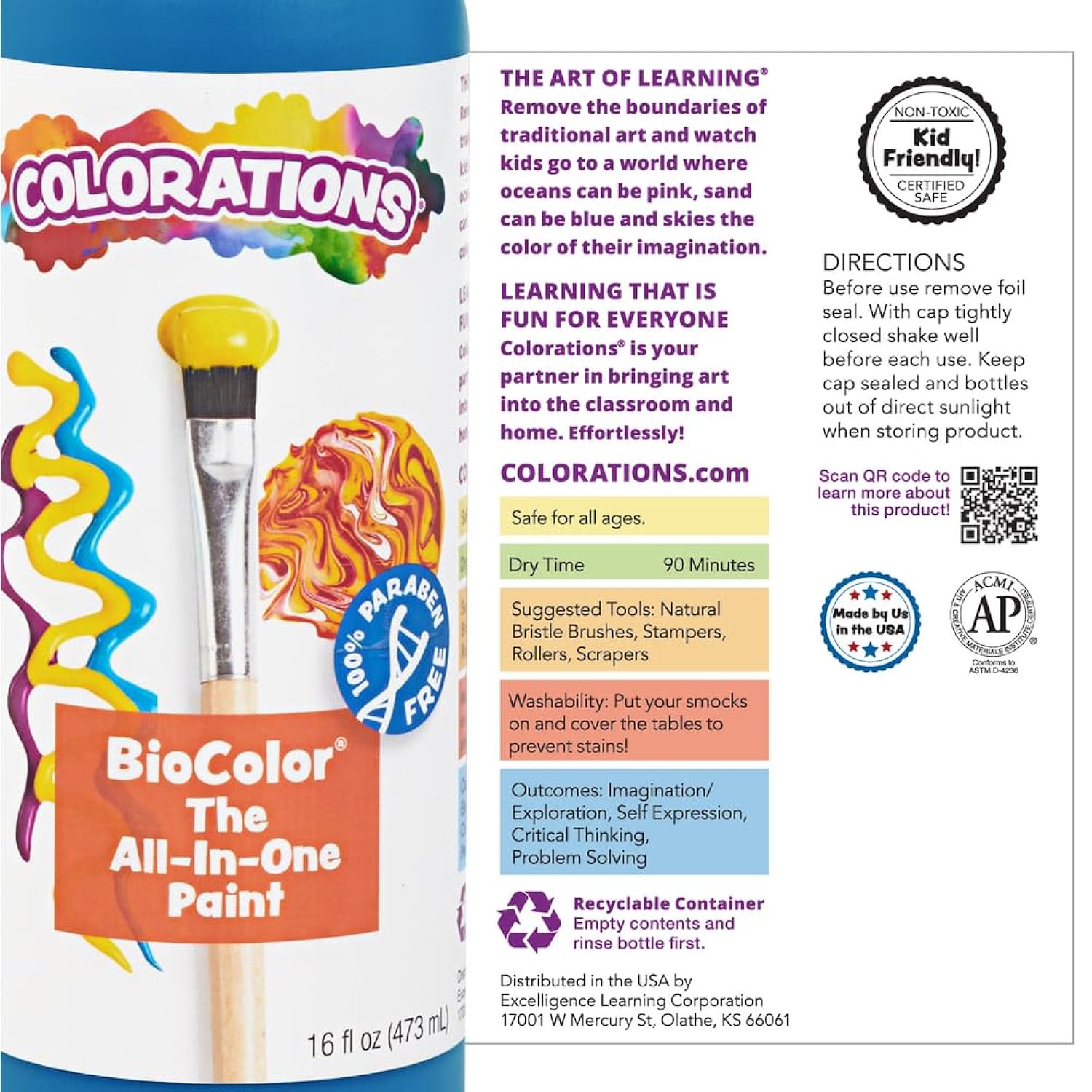 Paraben-Free Biocolor Paint, Rainbow Pack, Set Of 6 Colors, 16Oz Bottles, Non-Toxic And Made In The Usa