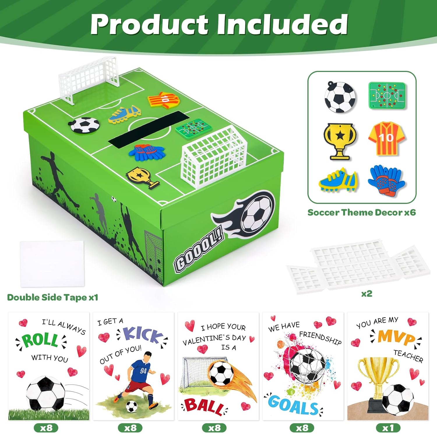 Soccer Valentines Day Box And Cards For Kids Classroom School Exchange, Great Valentines Gifts Party Favors For Boys Girls (1 Soccer Field Box, 32 Valentine Cards, 1 Teacher Card)