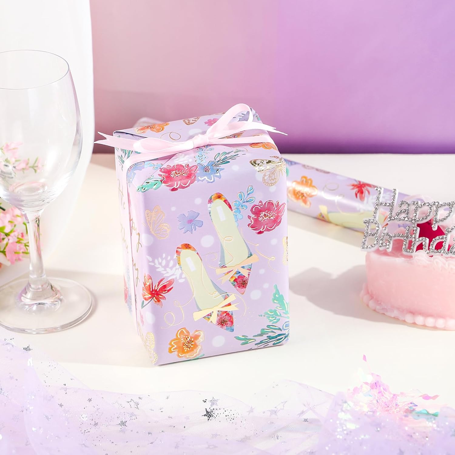 Birthday Floral & High-Heels Wrapping Paper Roll For Girls Women, Happy Birthday Text, Flower, Elegant High-Heeled Shoes, Metallic Foil Gift Wrap, Cut Lines, 17 Inches X 16.4 Feet