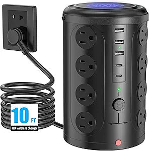 Surge Protector Power Strip Tower 16 Outlets 5 USB Ports 2 USB C 10FT Extension Cord Black