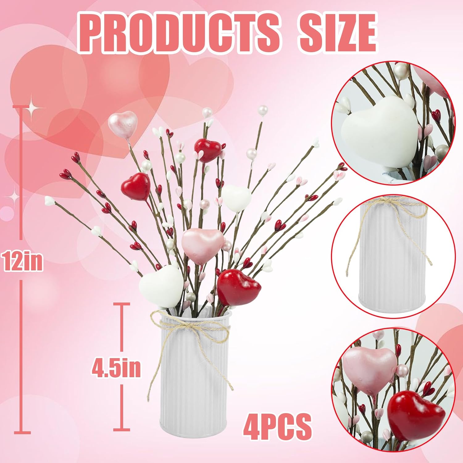 4 Pcs Artificial Valentines Day Flower Picks 12'' Fake Berry Floral Branches With Metal Pot Heart Shaped Stem Branches For Home Wedding Decor