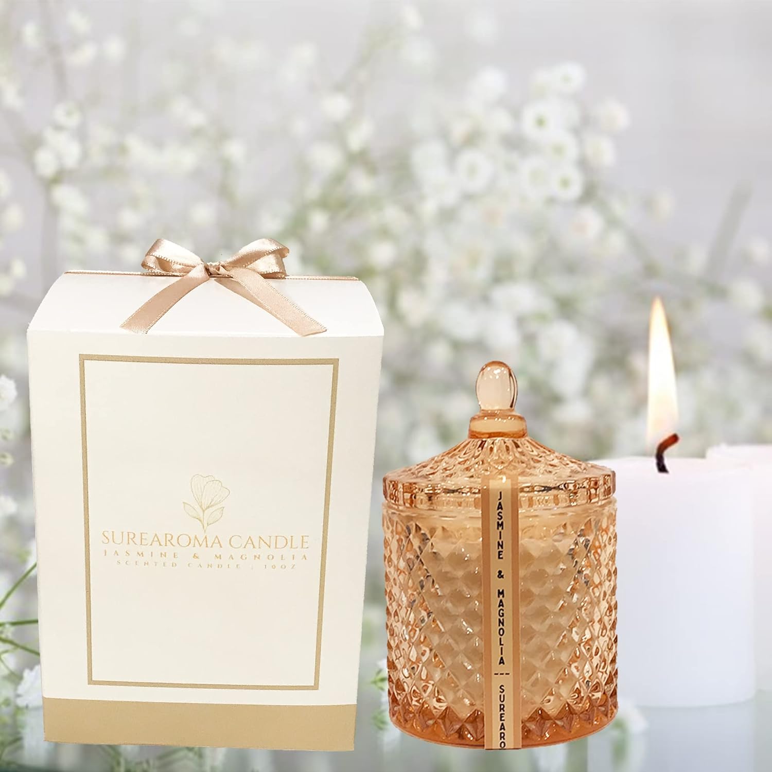 | 10Oz Jasmine & Magnolia Scented Candle With Rich Fragrance, Double Wick, Luxury Bronze Glass Candle Jar
