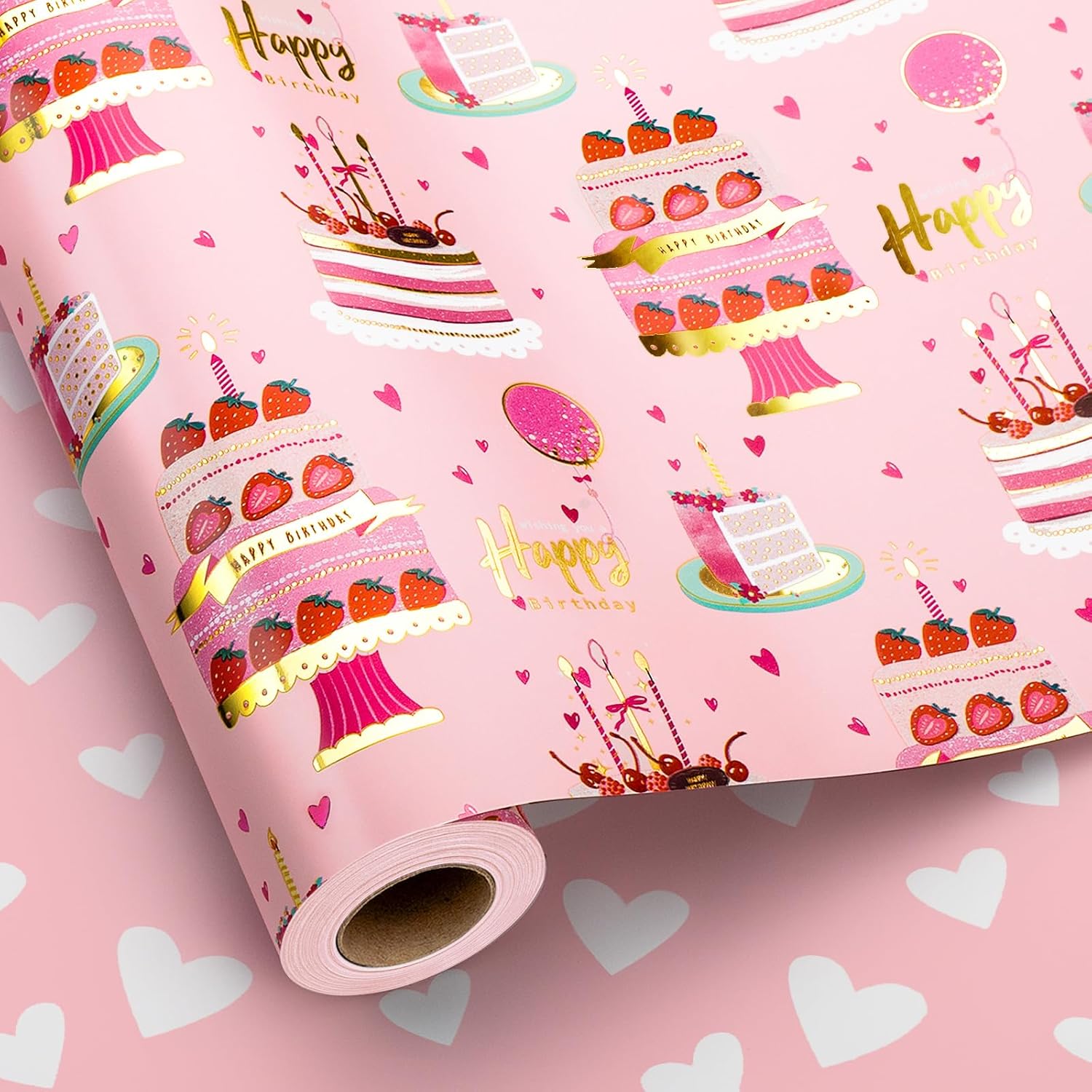 Girls Birthday Wrapping Paper Roll, Pink Gift Wrapping Paper,Metallic Foil Pink Cartoon-Style Birthday Cakes Gift Wrap For Kid Party,Baby Shower,Wedding, Holiday,Christmas(17 Inch X 33 Feet)