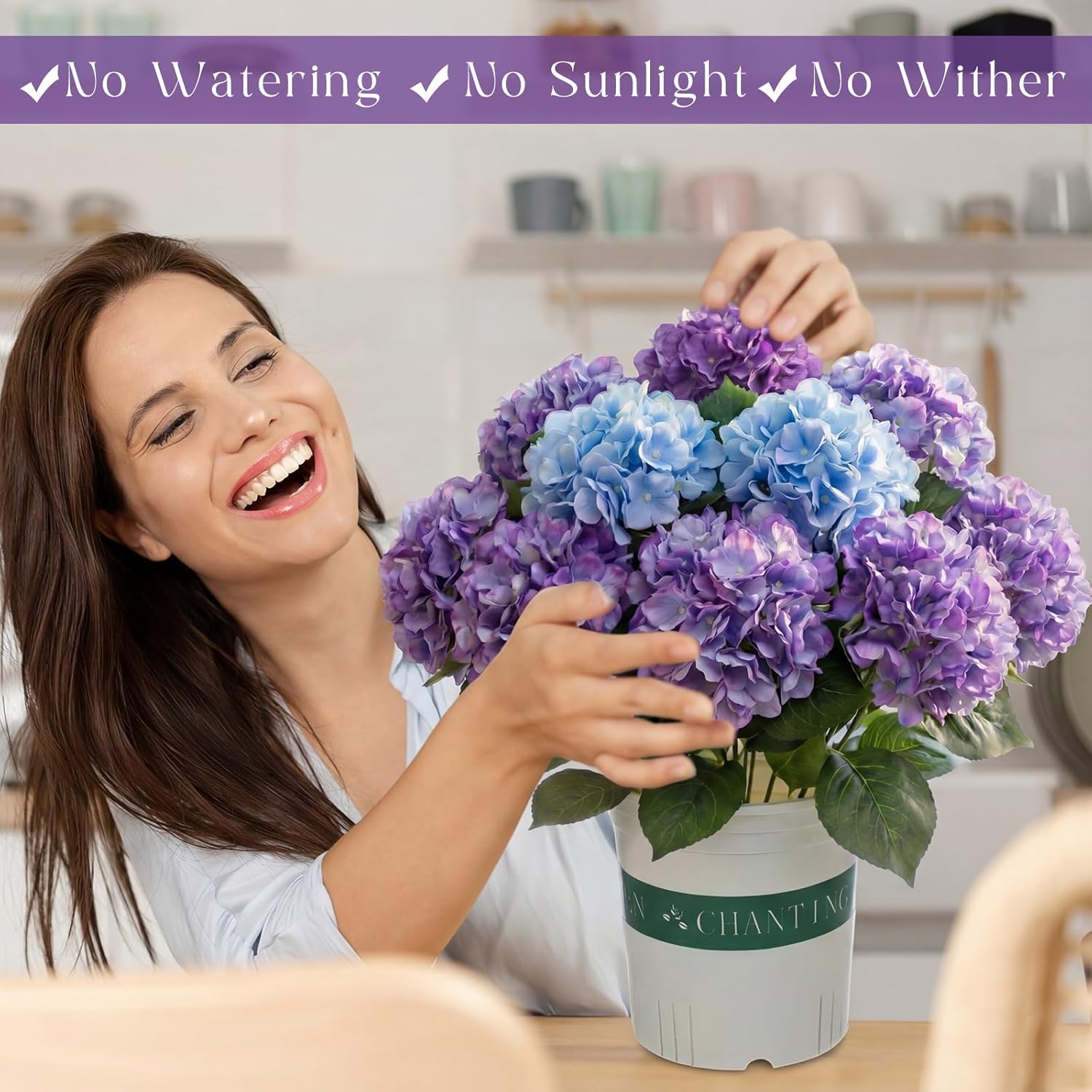 2 Pack Hydrangea Artificial Flowers Bouquets With Pot - Fake Silk Hydrangeas Faux Flowers For Home Arrangements Porch Garden Wedding Party Decor(Gradient Purple)