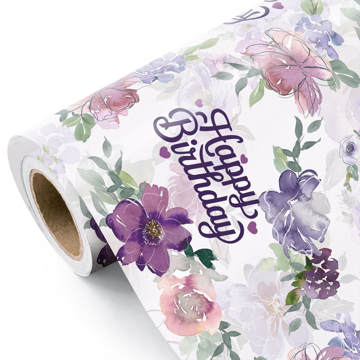 Birthday Wrapping Paper Roll - Mini Roll - 17 Inch X 16.5 Feet - Happy Birthday With Purple Flower Wrapping Paper For Girls Women, Baby Shower, Wedding