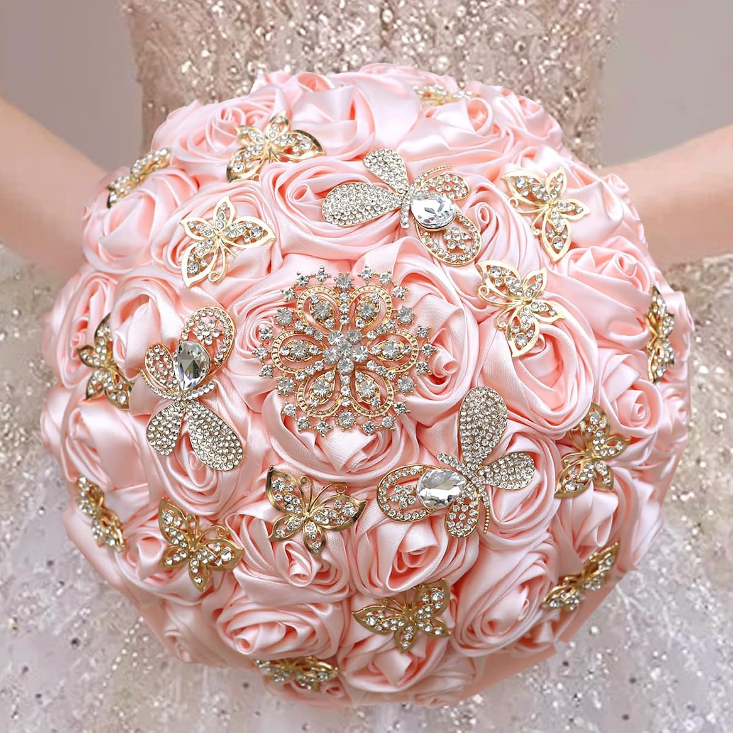 Handmade Rhinestone Brooch Satin Bridal Bouquet,7.5Inches Crystal Wedding Round Tossing Bouquet, Artificial Flower Bunch With Diamond Pearl Ribbon (07#Pink)