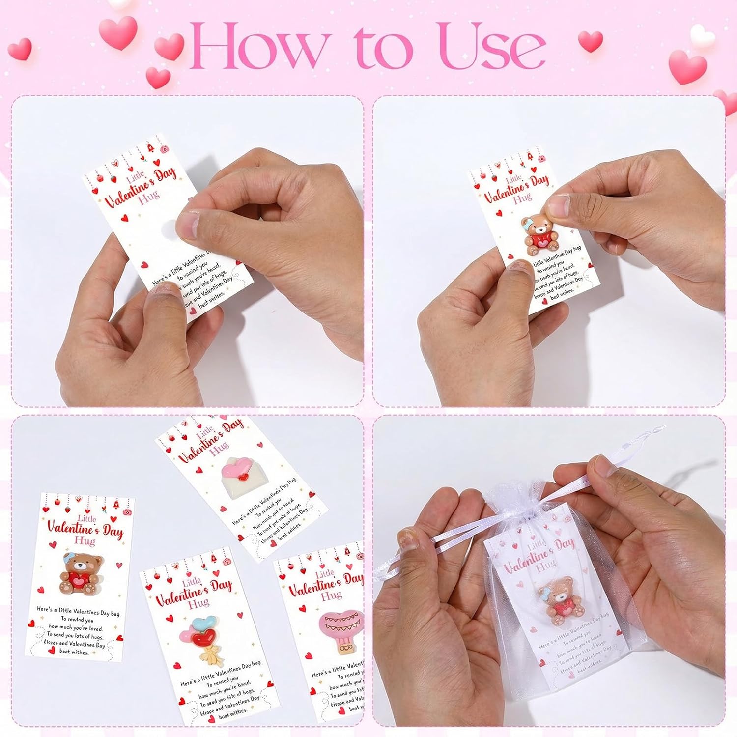 10 Sets Valentine'S Day Little Pocket Hug Gifts Bulk, Resin Heart Flower Pocket Hug Token With Valentines Card & Organza Bag Emotional Support Exchange Cards For Friends Colleagues Family Gifts