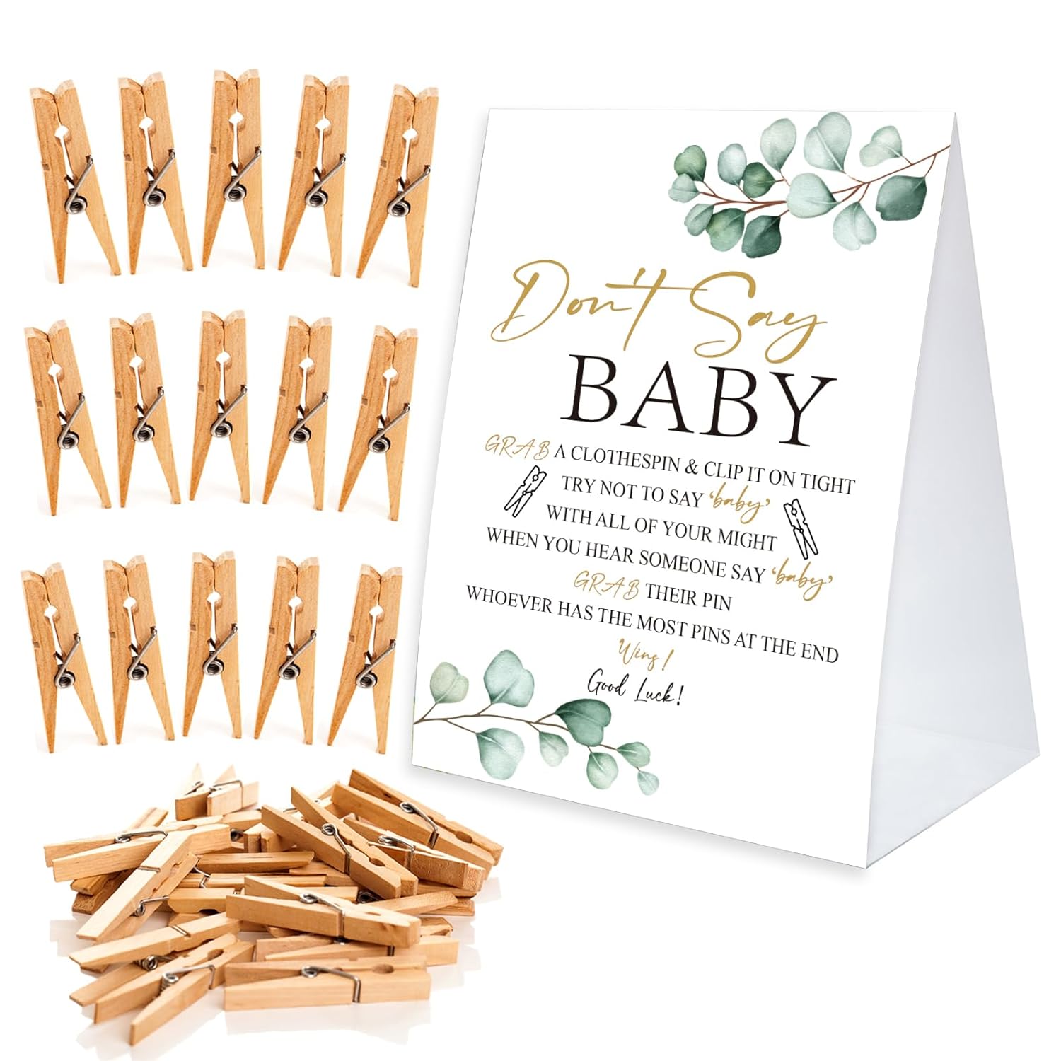 Don'T Say Baby Game For Baby Shower Clothespin Game, One 5X7 Coated Paper Sign And 50 Natural Clothespins, Succulent Theme, Gender Neutral -Ndsbb20