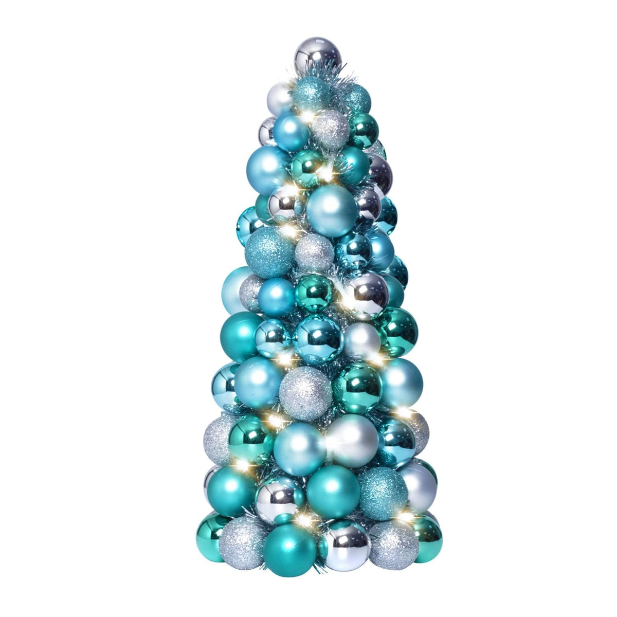 16In Christmas Ball Tree With Led Lights Table Centerpiece Fireplace Decor Indoor Holiday Party Home Decoration Light Blue Silver