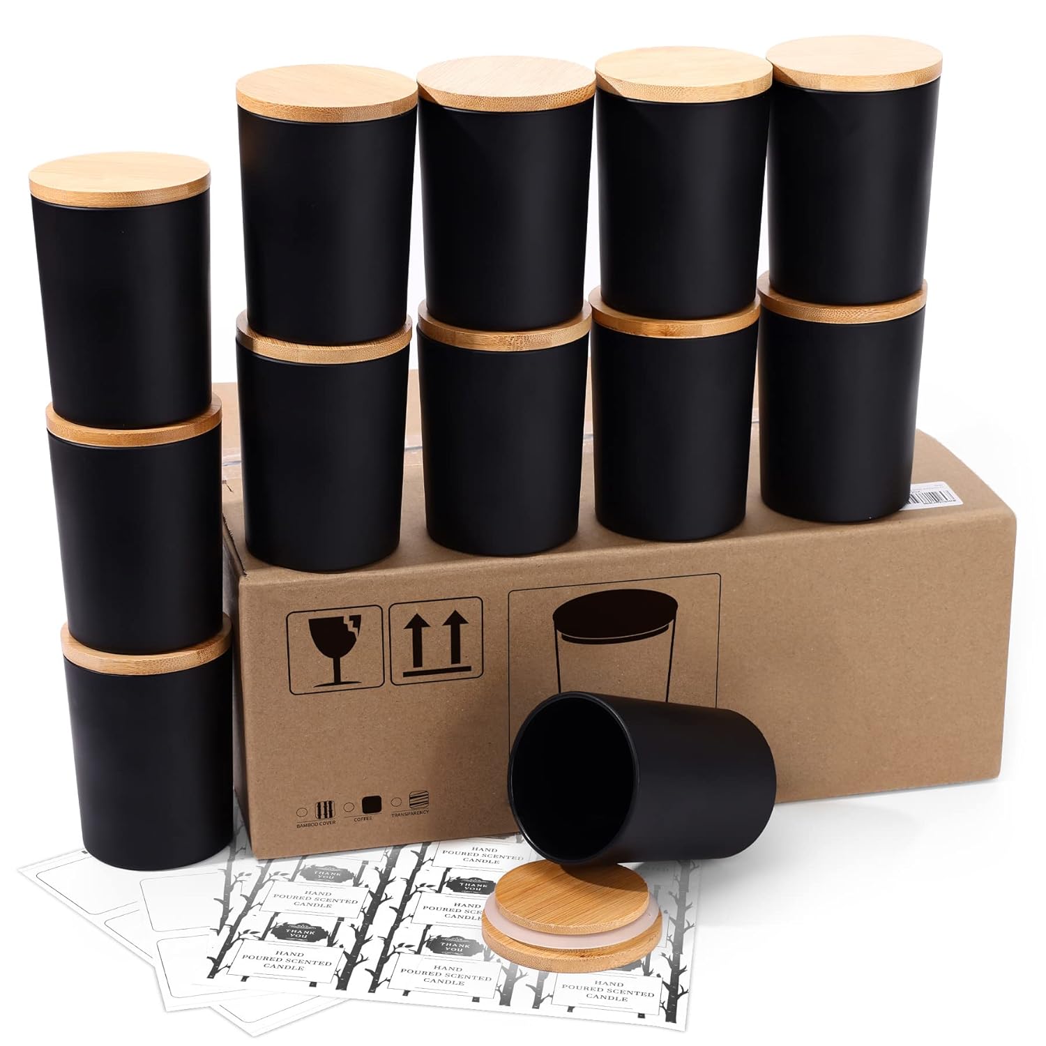 12 Pack, 10 Oz Black Candle Jars With Bamboo Lids And Sticky Labels, Empty Glass Candle Jars For Making Candles, Morden Kitchen Bathroom Small Object Container - Dishwash Safe