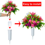 Artificial Cemetery Flowers With Vase, Set Of 2 Artificial Rose Lily Bouquet Graveyard Memorial Flowers For Cemetery Headstones Decoration