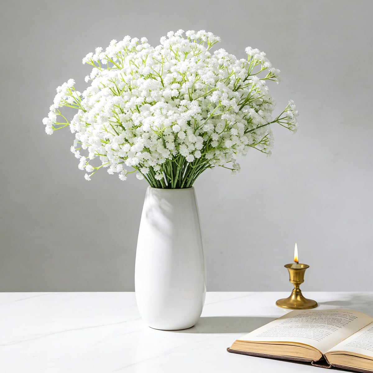 26 Pcs Babys Breath Artificial Flowers Bulk - Real Touch Long Stem White Faux Gypsophila For Wedding, Home, Party & Garden Decor (26, White)