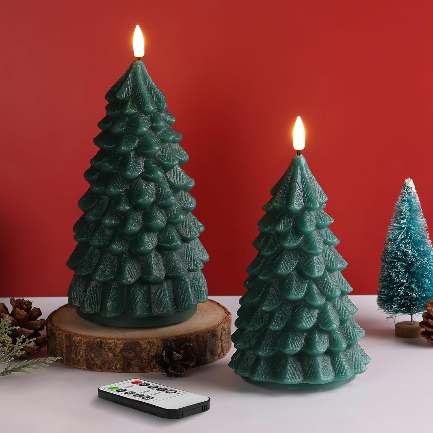 Green Christmas Tree Candles With Remote, Real Wax Flickering Flameless Led Candles Set Of 2