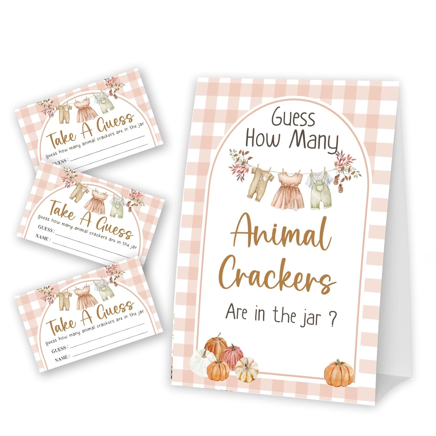 Pumpkin Guess How Many Animal Crackers - Thanksgiving Baby Shower Card Set (1 Sign With 50 Guess Cards), Fall Gender Reveal Party Favor Supplies -A20