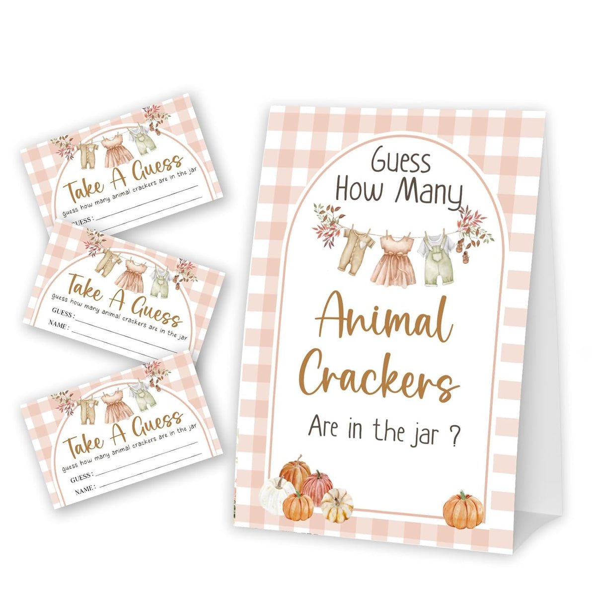 Pumpkin Guess How Many Animal Crackers - Thanksgiving Baby Shower Card Set (1 Sign With 50 Guess Cards), Fall Gender Reveal Party Favor Supplies -A20