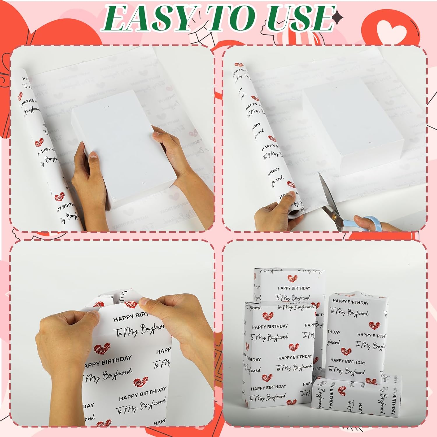 Boyfriend Birthday Wrapping Paper Roll, 17 Inch × 16.4 Feet, Boyfriend Happy Birthday Gift Wrap With Heart Pattern For Him Valentine'S Day Anniversary Party Holiday