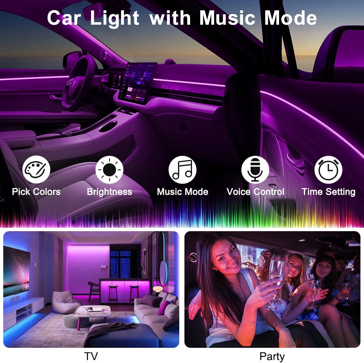 Interior Car LED Strip Lights RGB Ambient Lighting Kit with APP Remote Control Fiber Optic Music Sync