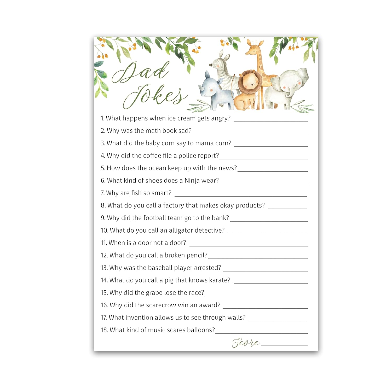 Dad Jokes Baby Shower Games, Safari Animals, Jungle Theme Baby Shower — Pack Of 25 — Fun Dad Joke Game, Funny Daddy Joke Trivia, Welcome To The Wild Shower, Gender Neutral, Birthday Activity G550-Djk