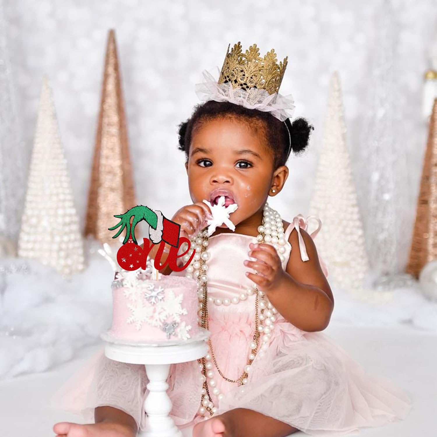 1 Pack Christmas One Cake Topper With Glitter Hand First Birthday Cake Topper Picks Decorations For Baby Shower 1St Birthday Party Supplies Red