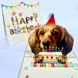 3D Pop-Up Long Haired Dachshund Dog Birthday Card - Dachshund Dog With Cake Celebration, Whimsical Happy Birthday Greeting For Dachshund Dog Lovers - Dachshund Dog 3D Birthday Pop Up Card