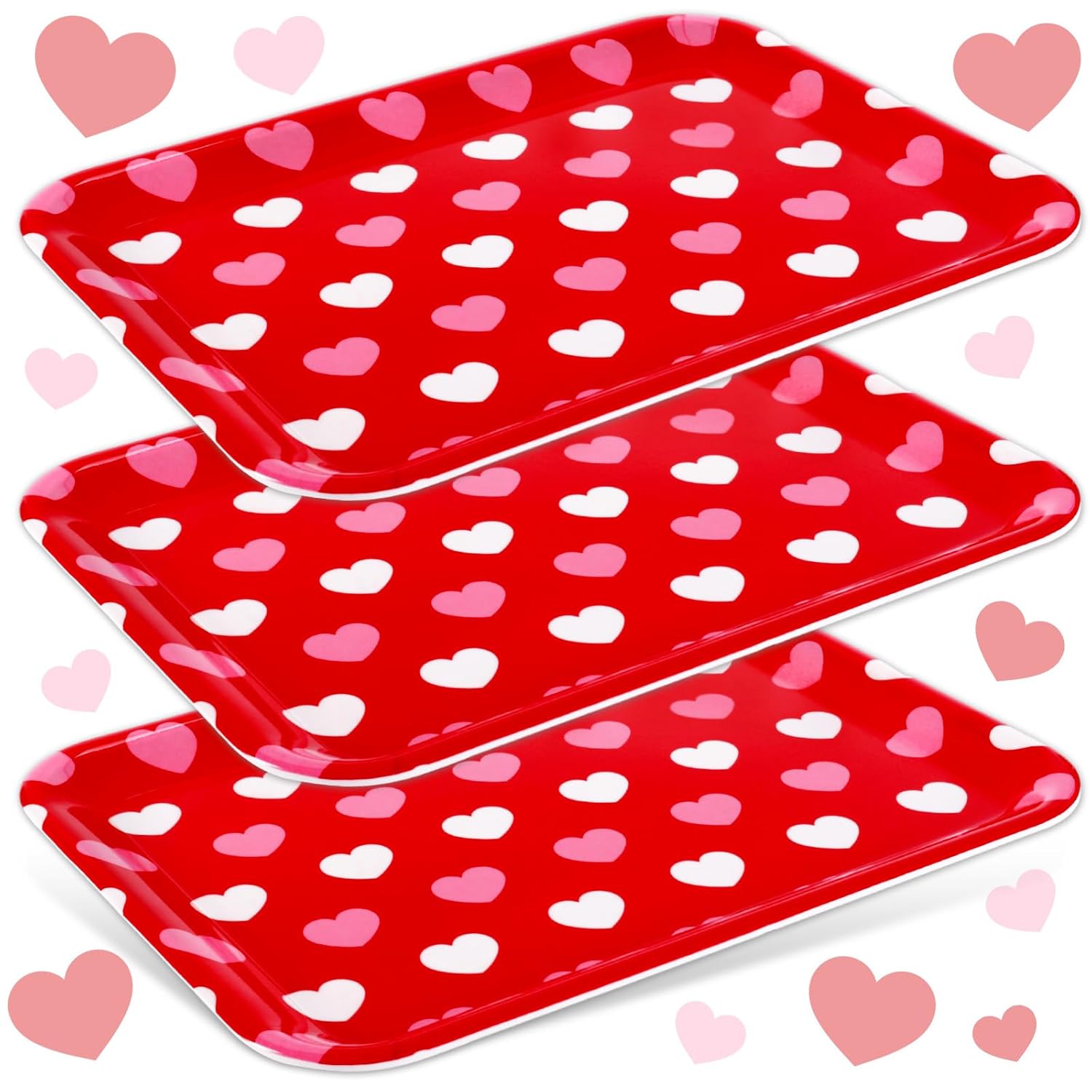3Pcs Valentine' S Day Serving Trays Reusable Serving Dishes Red Pink Heart Decorative Platter For Wedding Party Sharing Snacks Fruits Dessert, 13 X 10 Inch
