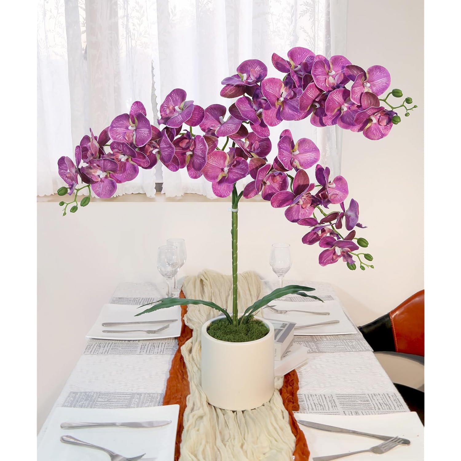 Purple Orchid Artificial Flowers 34" 3Pcs Artificial Orchids Faux Orchid Stems Latex Fake Orchids For Bridal Shower Home Party Wedding Decoration (Purple)