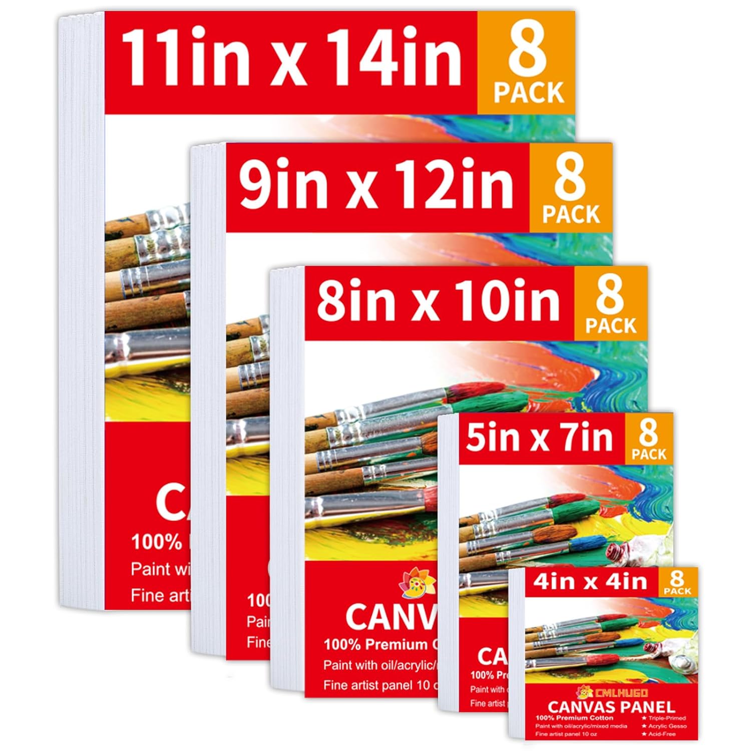 40 Pack Stretched Canvas Boards For Painting 8 Of 4X4, 5X 7, 8X10, 9X12, 11X14 Art Blank Canvases, Gesso Primed 100% Cotton Canvas Panels For Acrylic Oil Watercolor Adults & Kids